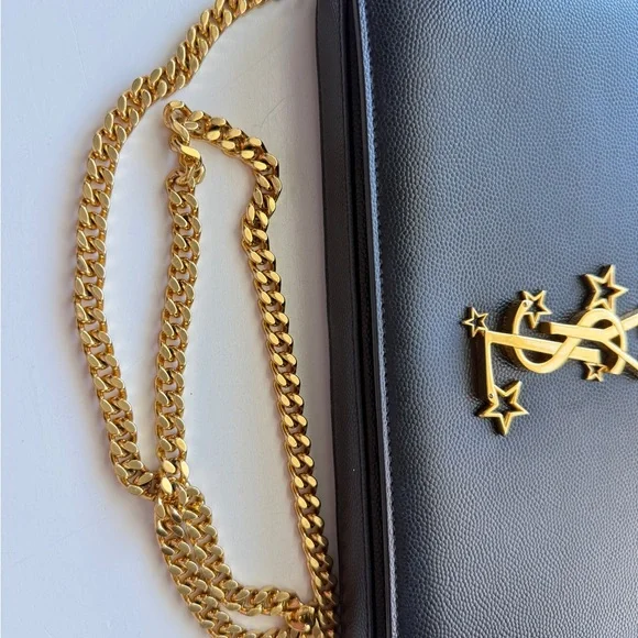 Saint Laurent YSL Star WOC Black Grain Leather Gold Chain Wallet on Chain - Picture 5 of 7
